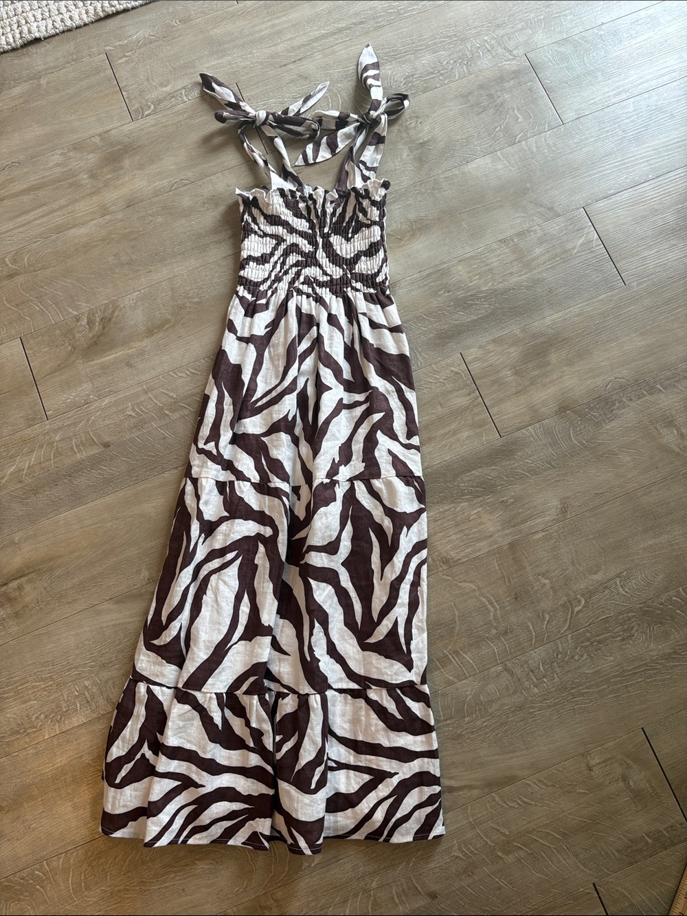 Faithfull the Brand Brown & Cream Zebra-Print Tie-Shoulder Maxi Dress Size 4